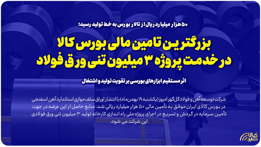 بزرگترین تامین مالی بورس کالا در خدمت پروژه ۳ میلیون تنی ورق فولاد/ اثر مستقیم ابزارهای بورسی بر تقویت تولید و اشتغال 